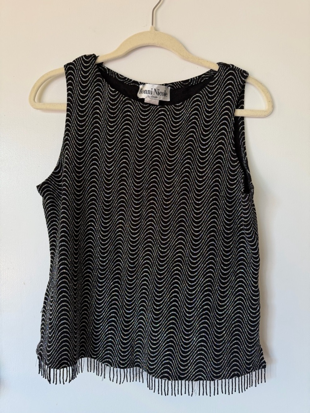 Ronni Nicole Black Beaded Wave Fringe Tank